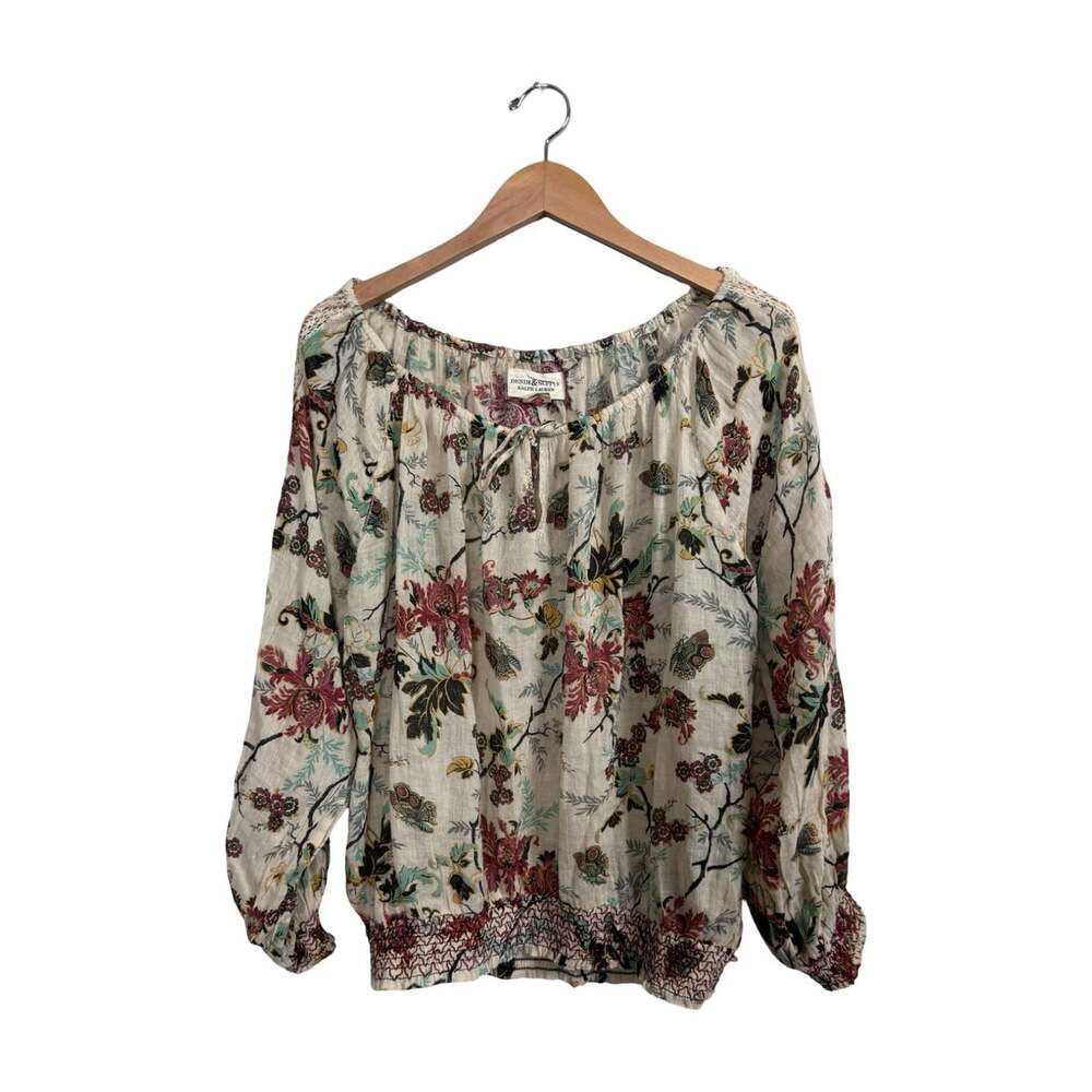 Denim & Supply Ralph Lauren Floral Peasant Blouse Lace Smocked Tie Size M